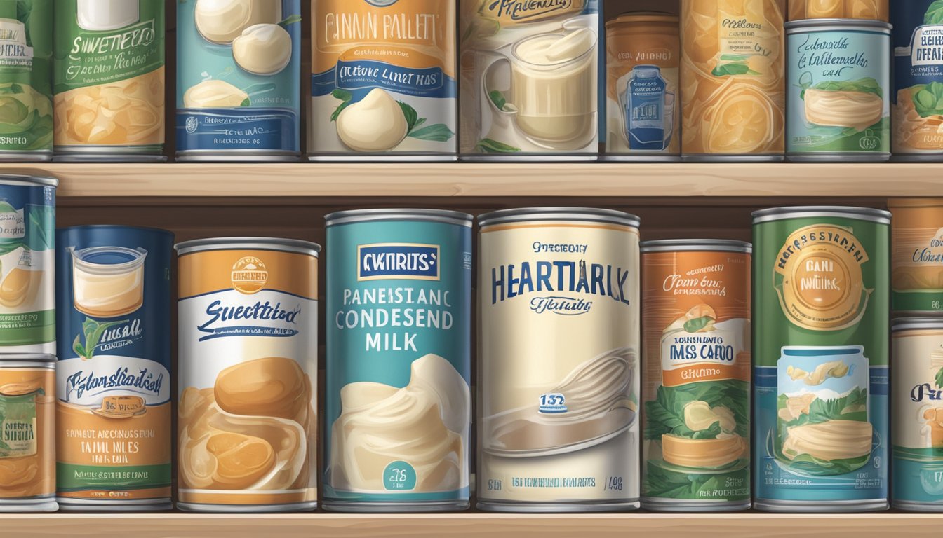 A can of sweetened condensed milk sits on a shelf, surrounded by other pantry items. The label is visible, and the can appears undamaged