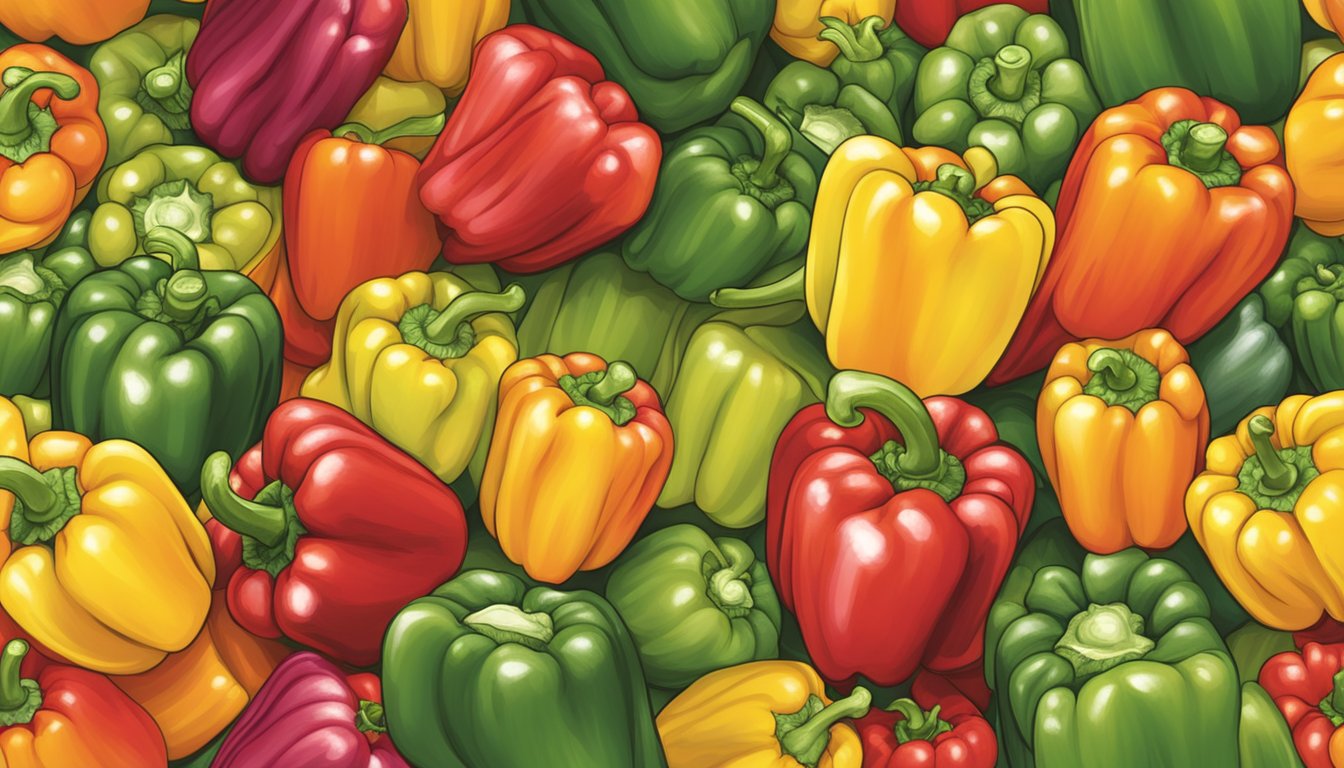 A colorful array of bell peppers, showcasing their vibrant red, yellow, and green hues, with a focus on their fresh, crisp texture and healthy nutritional benefits