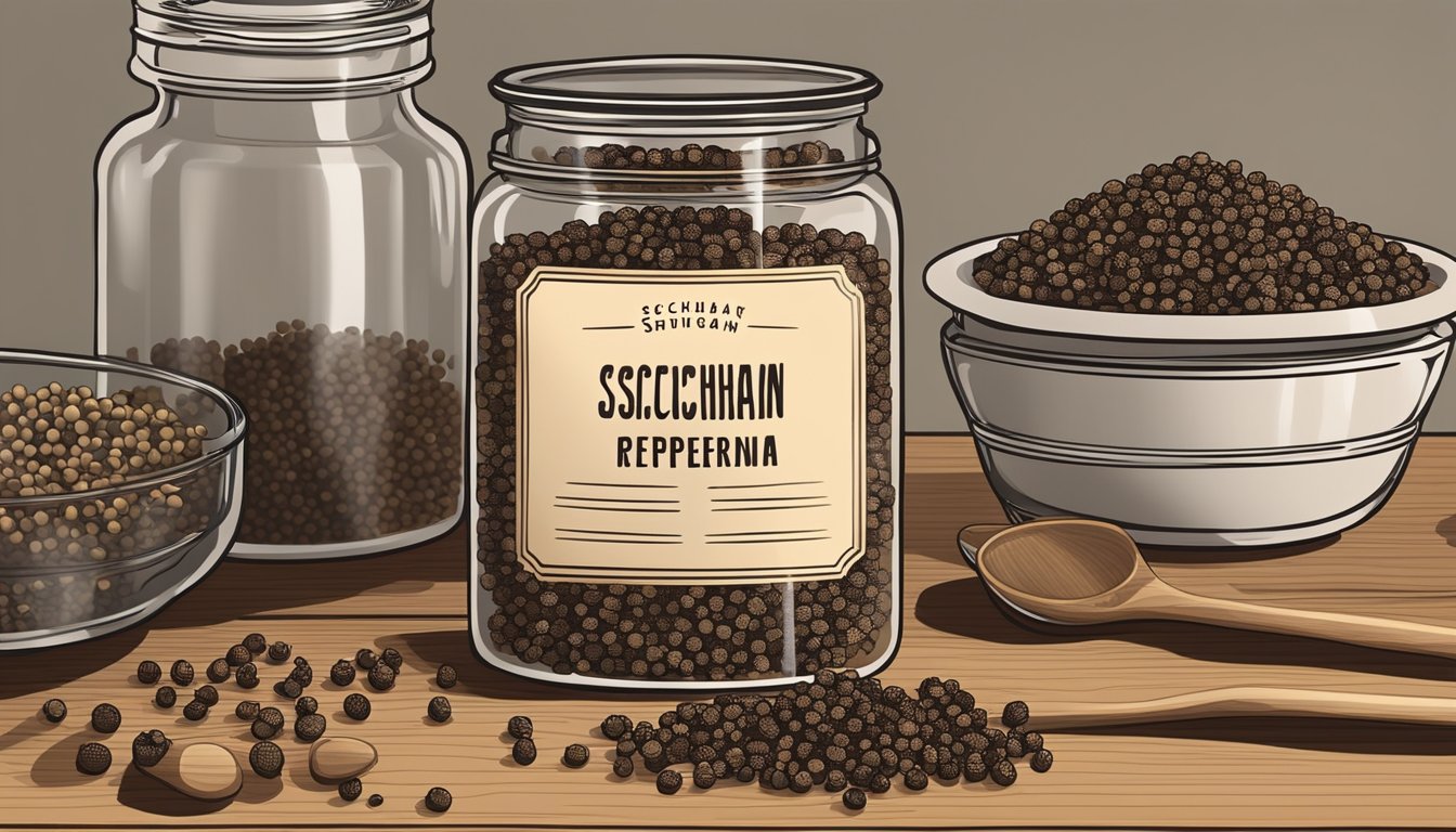 A collection of sichuan peppercorns in a glass jar with a label, surrounded by various cooking utensils and ingredients on a wooden kitchen counter