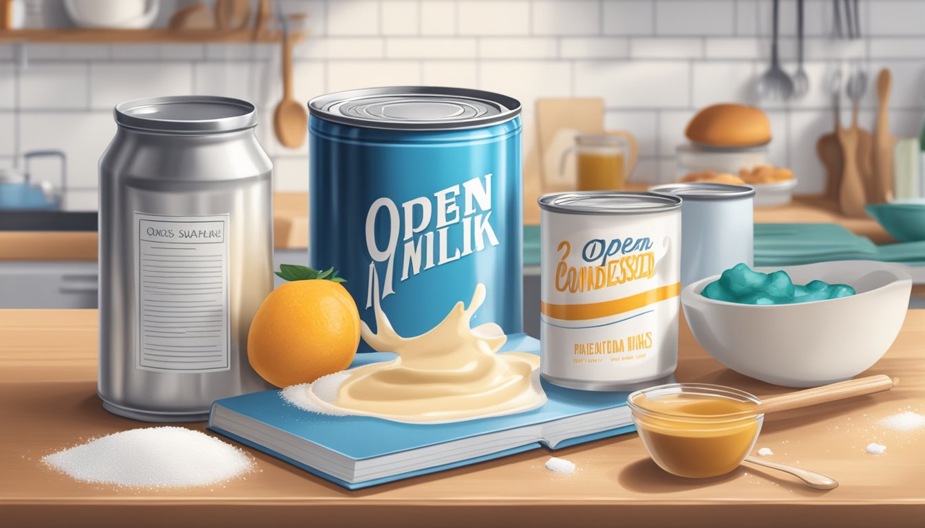 An open can of sweetened condensed milk sits on a cluttered kitchen counter, surrounded by recipe books and spilled sugar