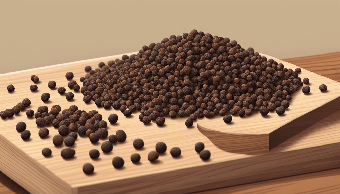 A small pile of sichuan peppercorns spilling out of an open container onto a wooden cutting board