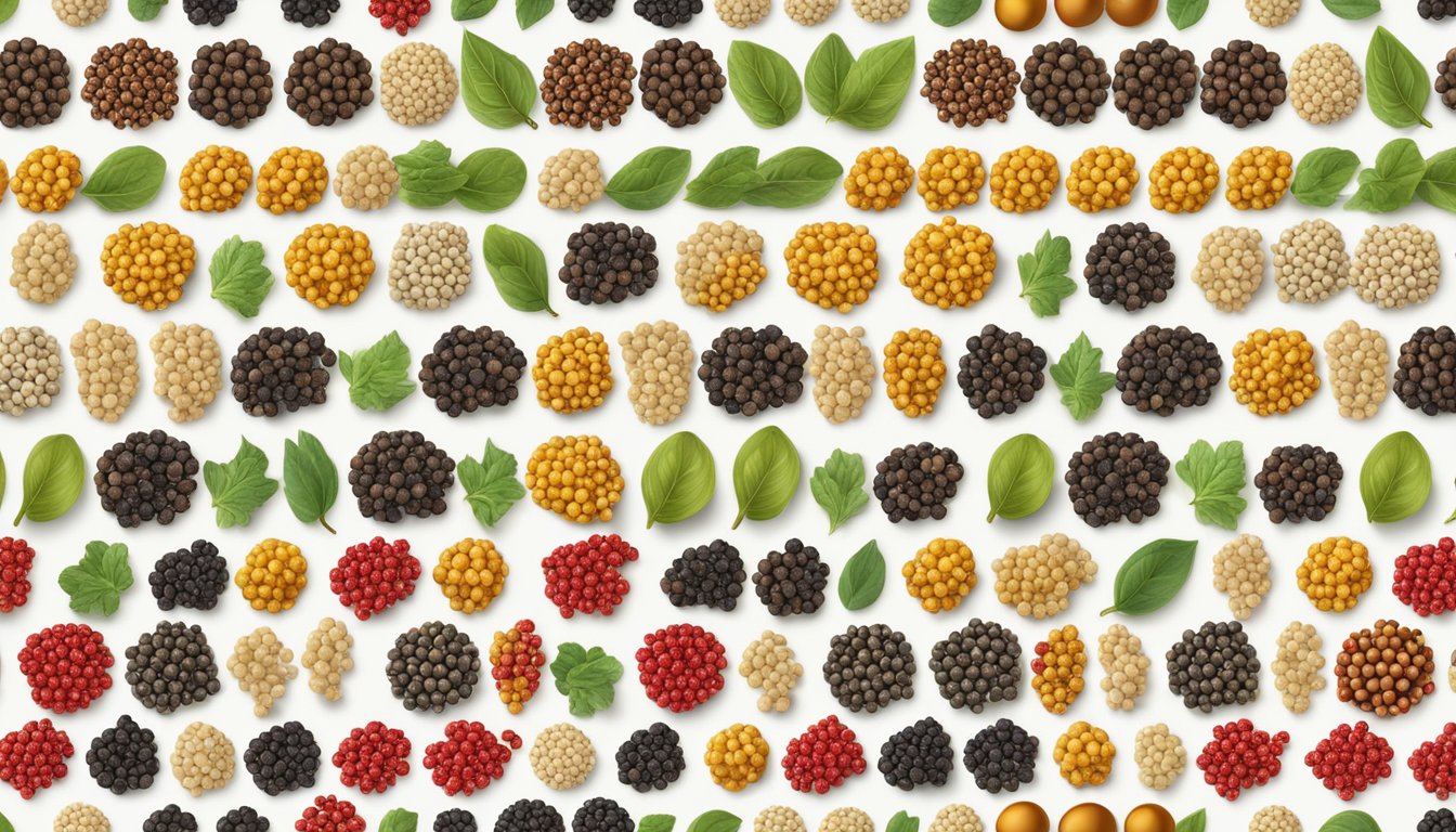 A variety of peppercorns arranged in a row, with Sichuan peppercorns standing out due to their unique appearance and color