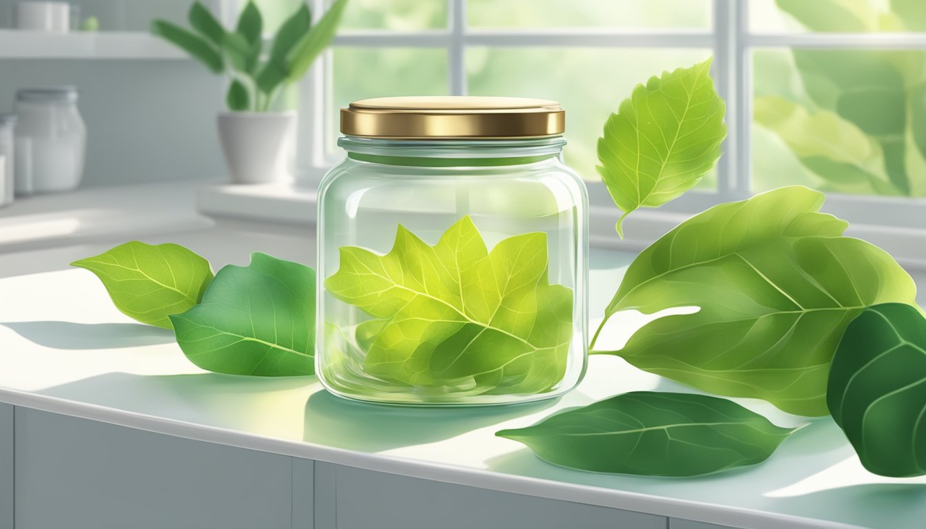 A clear glass jar of leaf gelatin sits on a pristine white counter, surrounded by vibrant green leaves and a soft beam of natural light