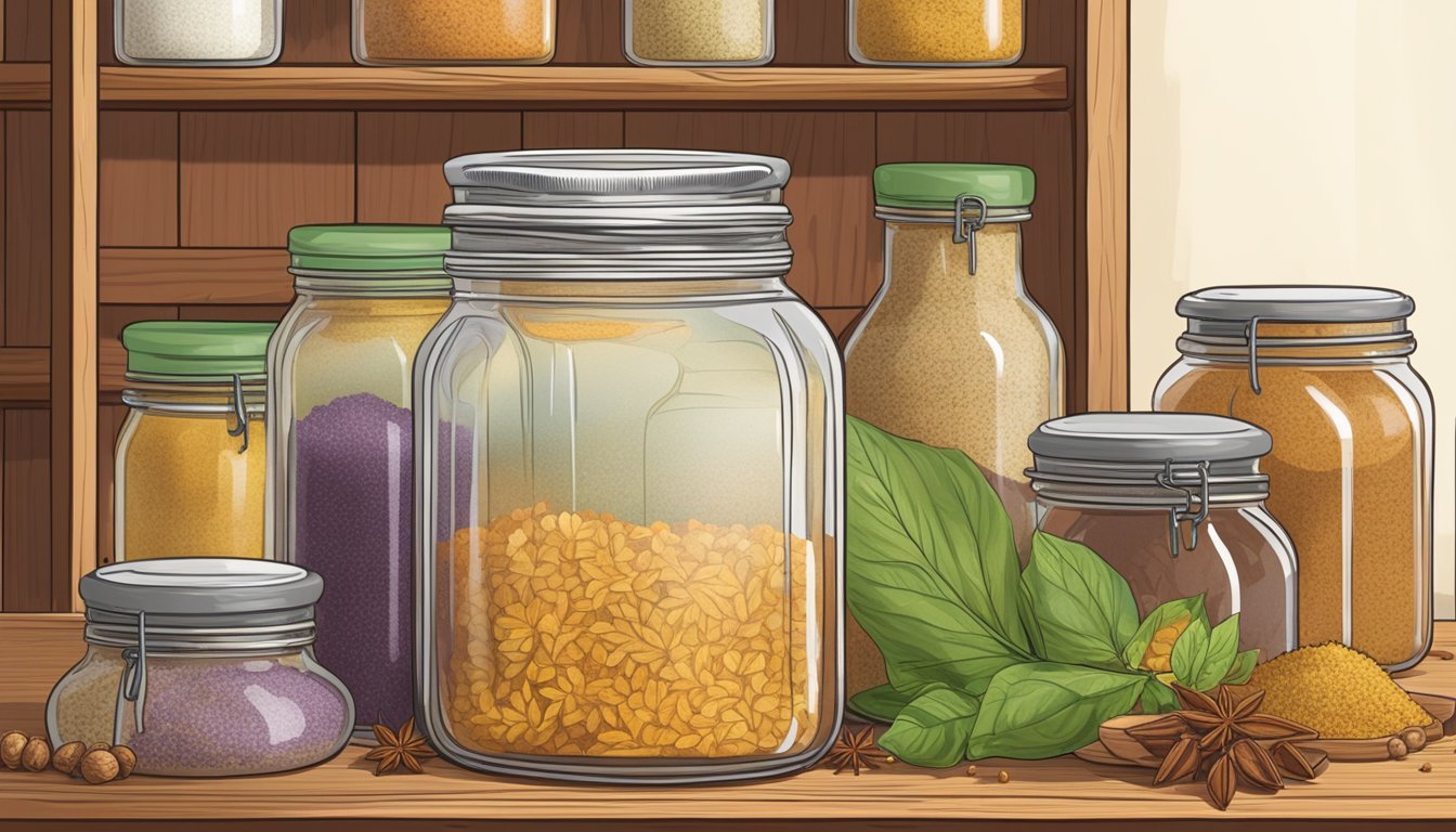 A clear glass jar of leaf gelatin sits on a wooden shelf, surrounded by various baking ingredients and spices. The label on the jar indicates the expiration date