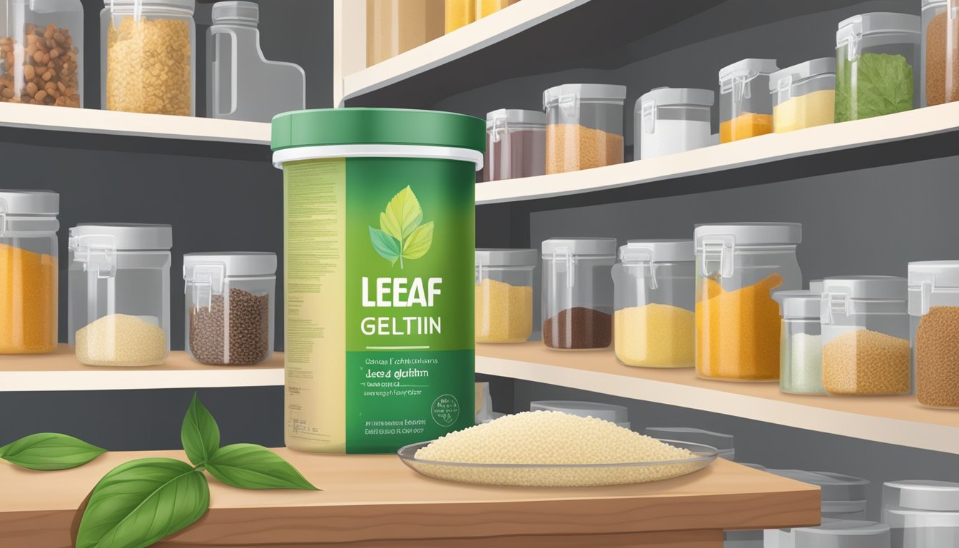 A package of leaf gelatin sits on a shelf in a cool, dry pantry, surrounded by other baking ingredients