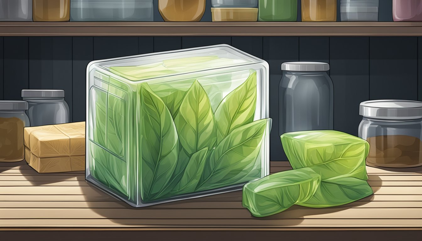 A sealed package of leaf gelatin sits on a clean, dry shelf in a cool, dark pantry, away from direct sunlight and moisture