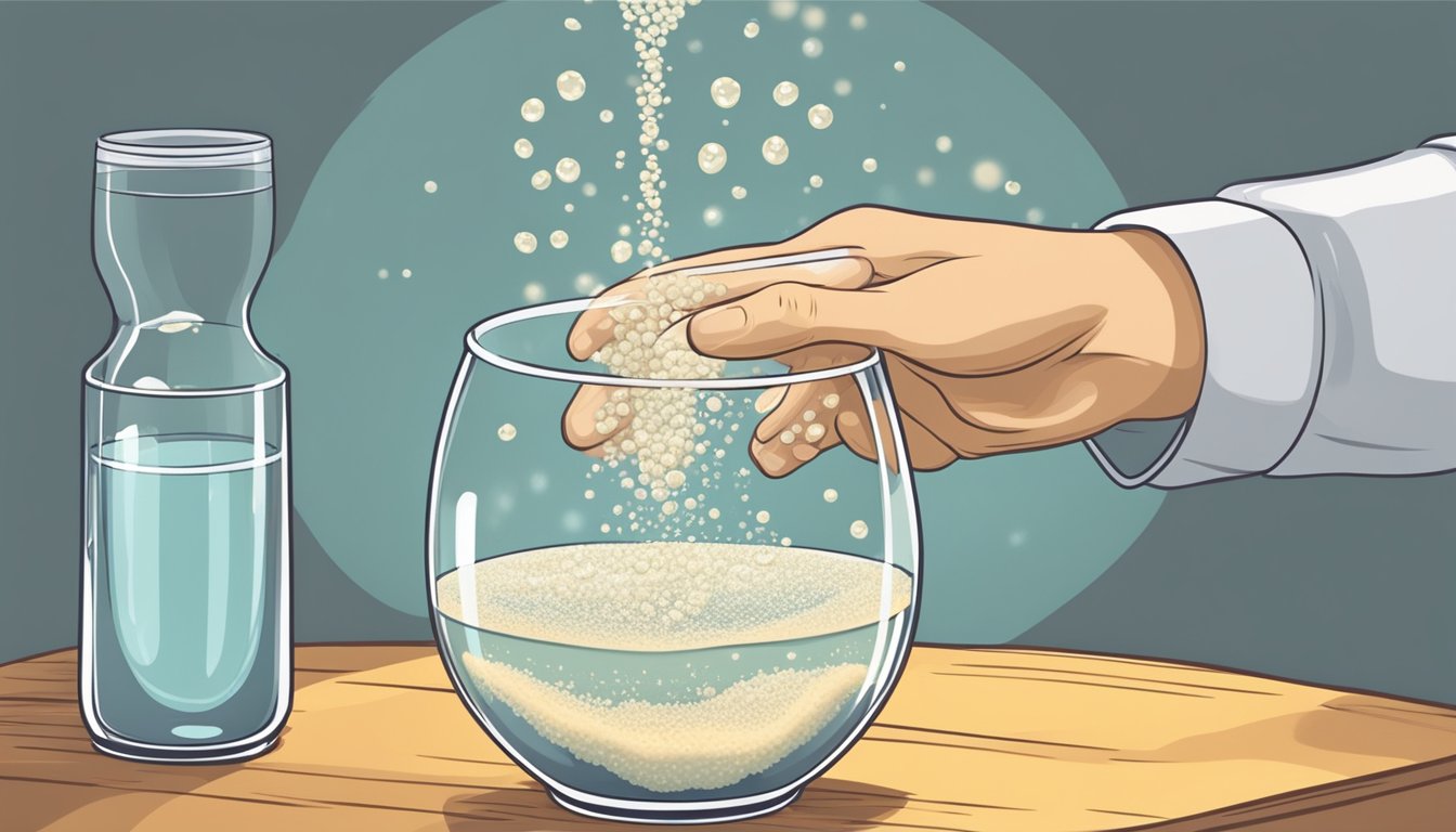 A hand pours active dry yeast into a glass of warm water, then waits for it to activate and bubble, indicating its freshness