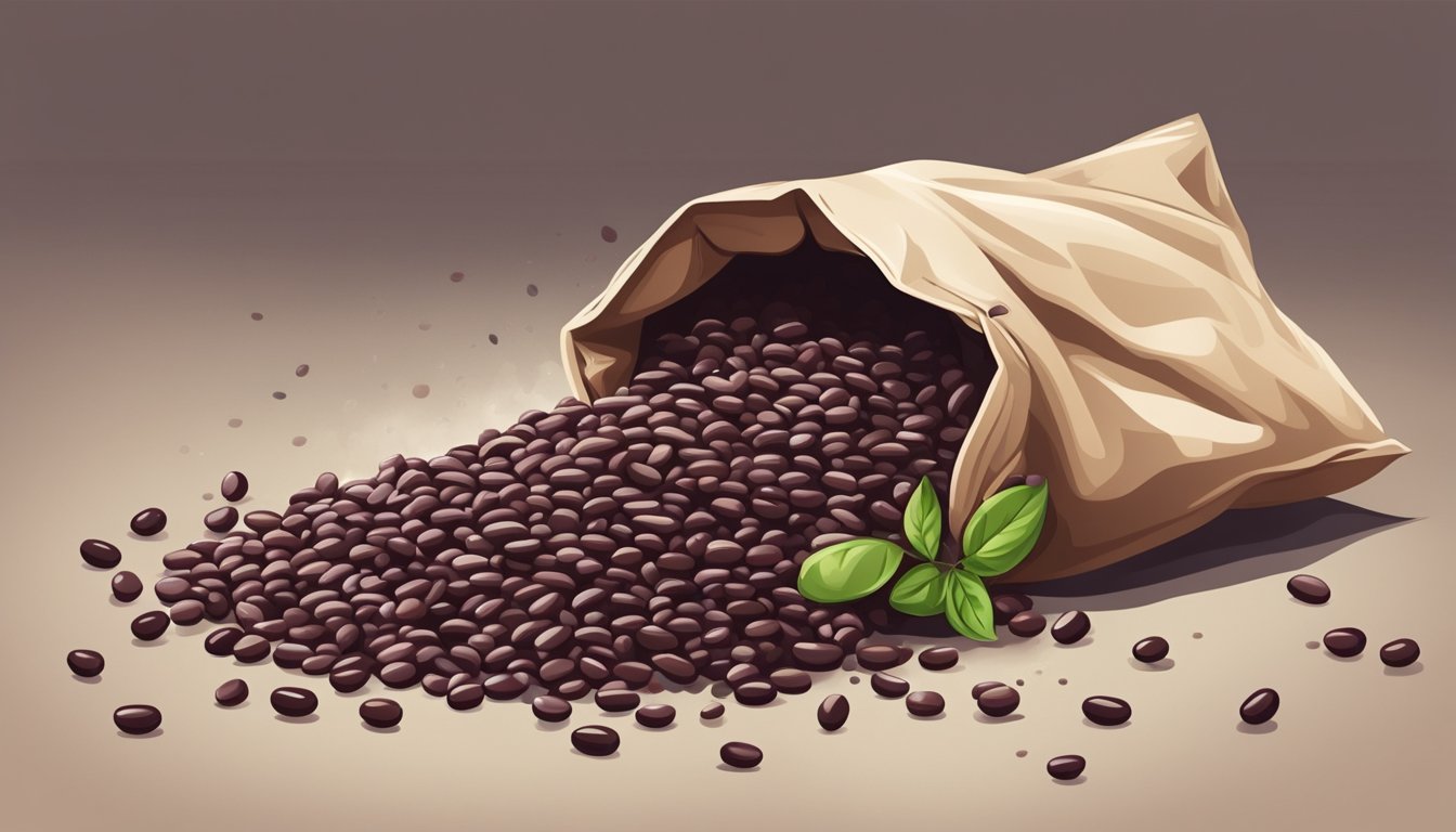 A pile of adzuki beans spilling out of a torn and moldy bag, with a foul odor emanating from the beans