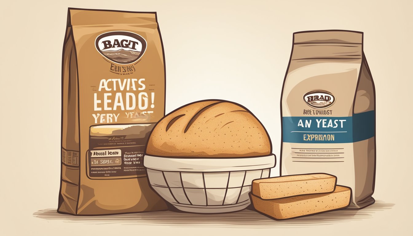 A bag of active dry yeast sits next to a loaf of bread. The bread is rising and baking in the oven, while the yeast package is labeled with an expiration date