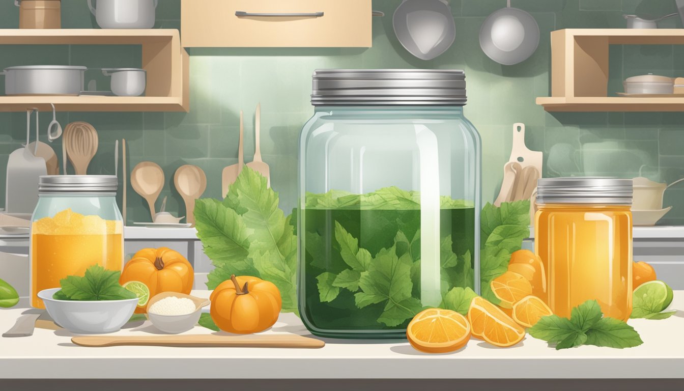 A jar of leaf gelatin sits on a well-lit kitchen counter, surrounded by various cooking utensils and ingredients. The gelatin is in pristine condition, with no signs of expiration