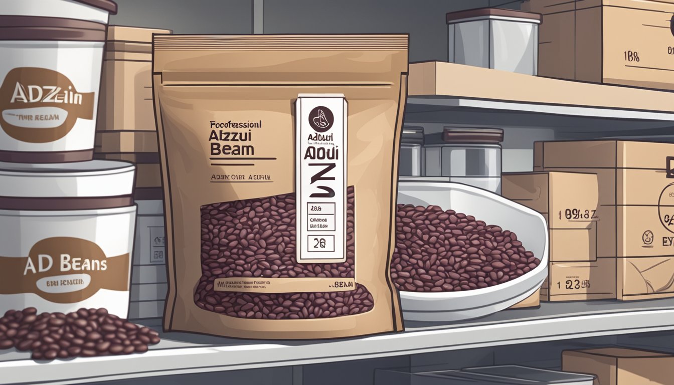 A bag of adzuki beans sits on a clean, organized pantry shelf, with a clear expiration date visible on the packaging