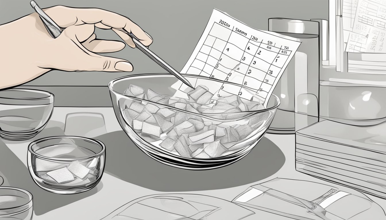 A clear glass bowl with gelatin sheets, a calendar, and a hand reaching to examine the gelatin