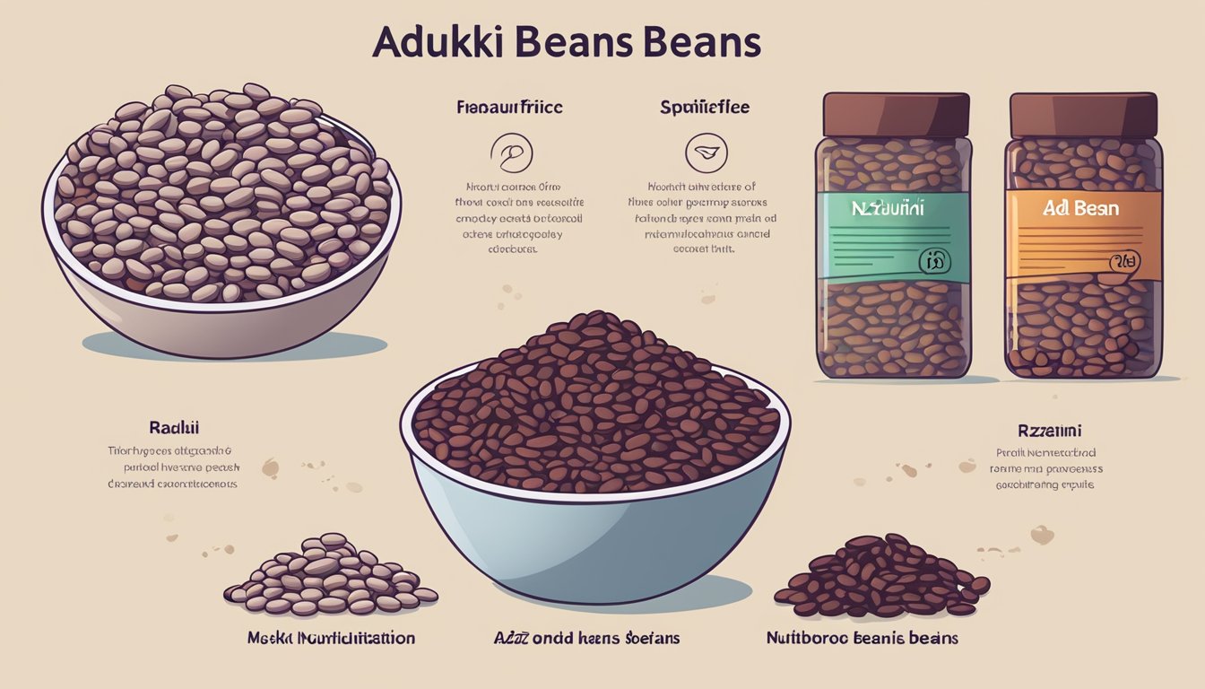 A pile of adzuki beans next to a chart comparing their nutritional profile to other foods