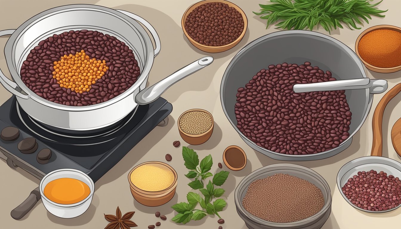 A pot of adzuki beans simmers on a stovetop, surrounded by various spices and ingredients for cooking and preparation