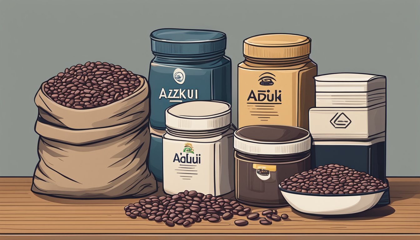 A bag of adzuki beans sits on a kitchen shelf, surrounded by other dry goods. The beans are in good condition, with no signs of spoilage