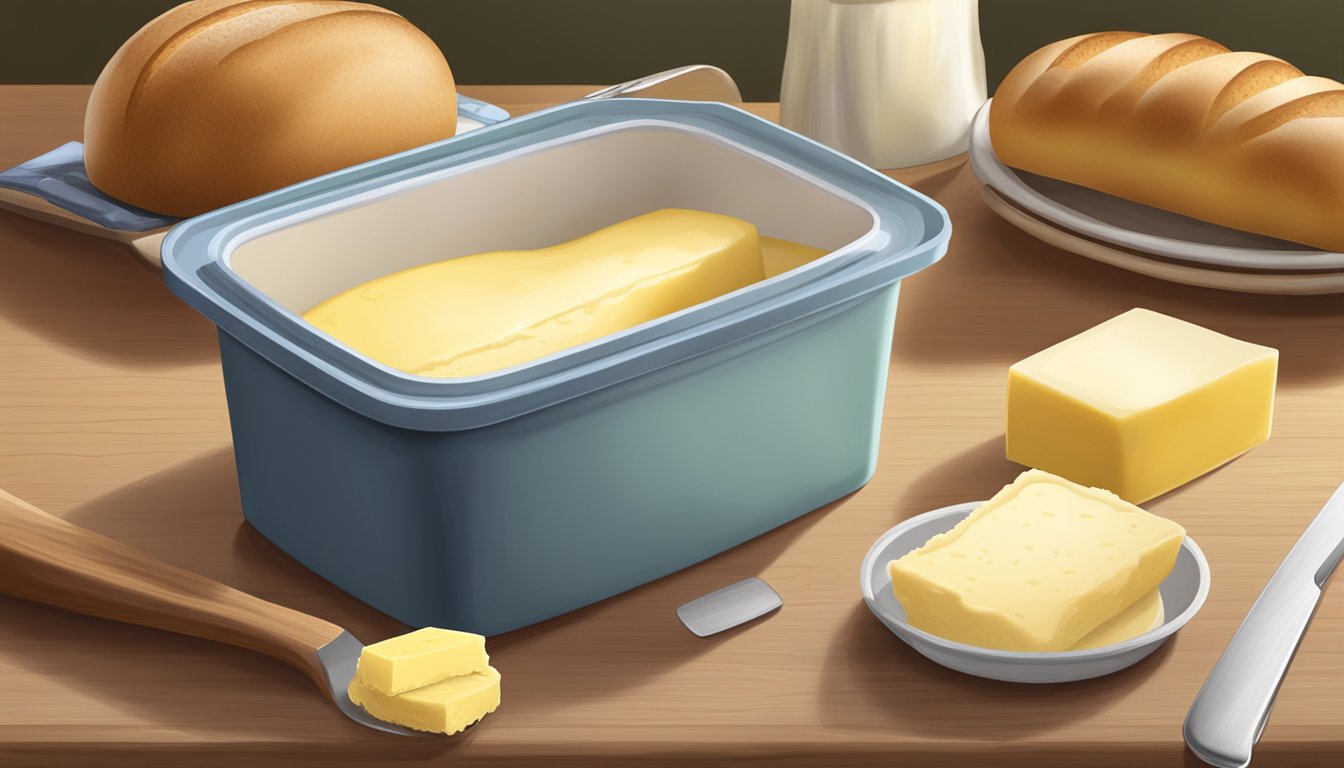 A tub of margarine with a lid partially opened, sitting on a kitchen counter next to a loaf of bread and a butter knife