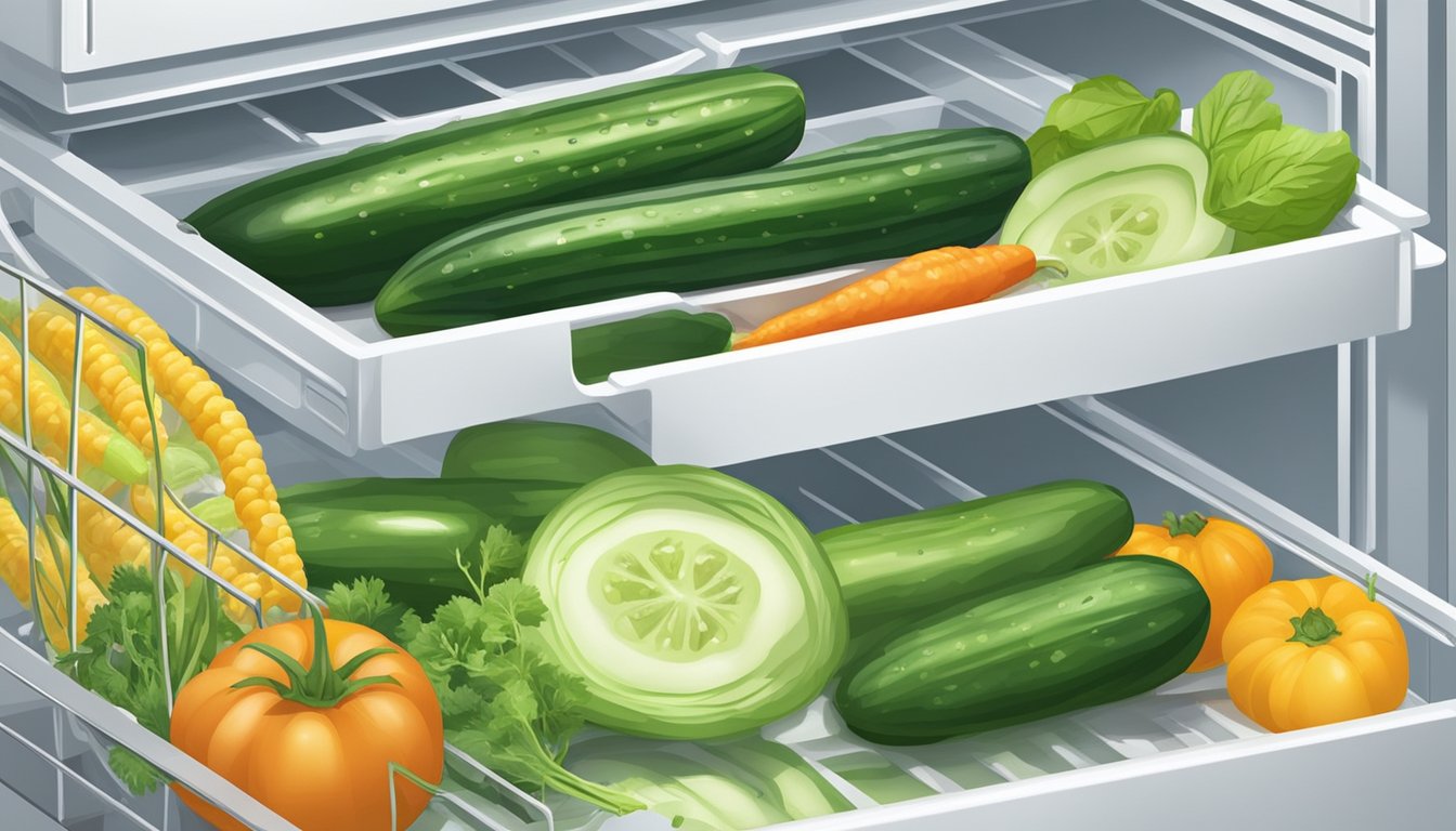 A cucumber is placed in a refrigerator crisper drawer with other vegetables