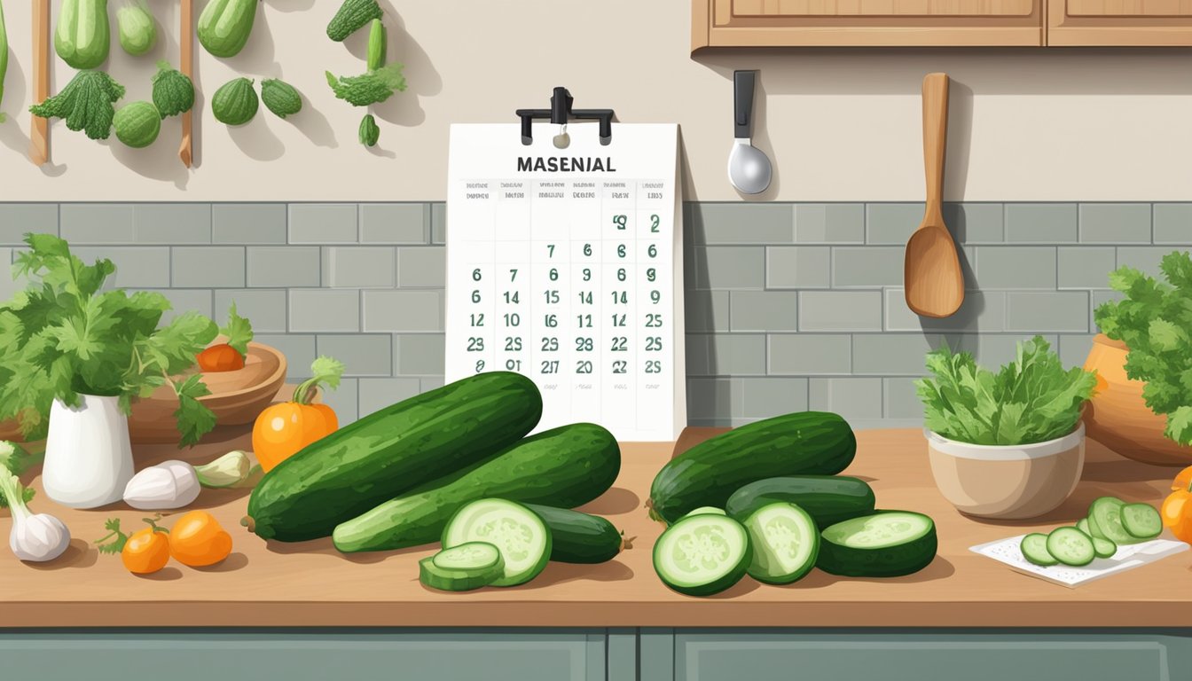 Fresh cucumbers on a kitchen counter, surrounded by other vegetables. A calendar with expiration dates hangs on the wall