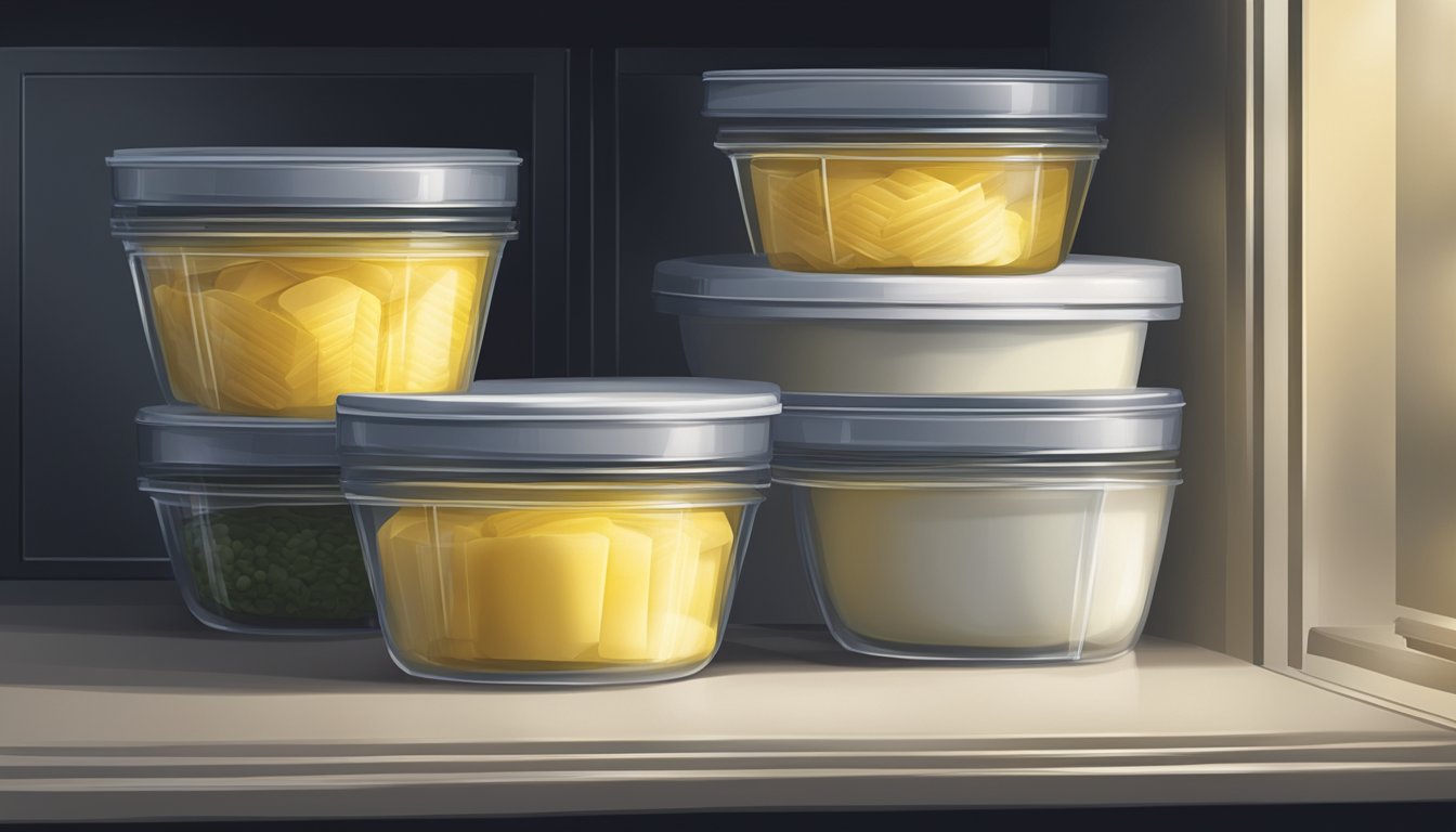 A closed container of margarine stored in a cool, dark pantry