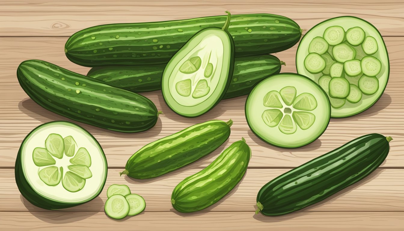 A variety of cucumbers arranged on a wooden table, including long, thin English cucumbers, short and thick pickling cucumbers, and curved Armenian cucumbers