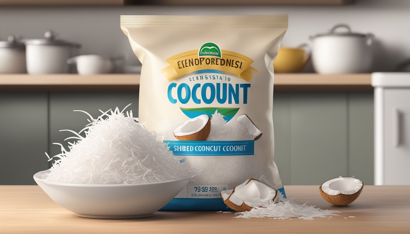 A bag of shredded coconut sits on a kitchen shelf, with a visible expiration date