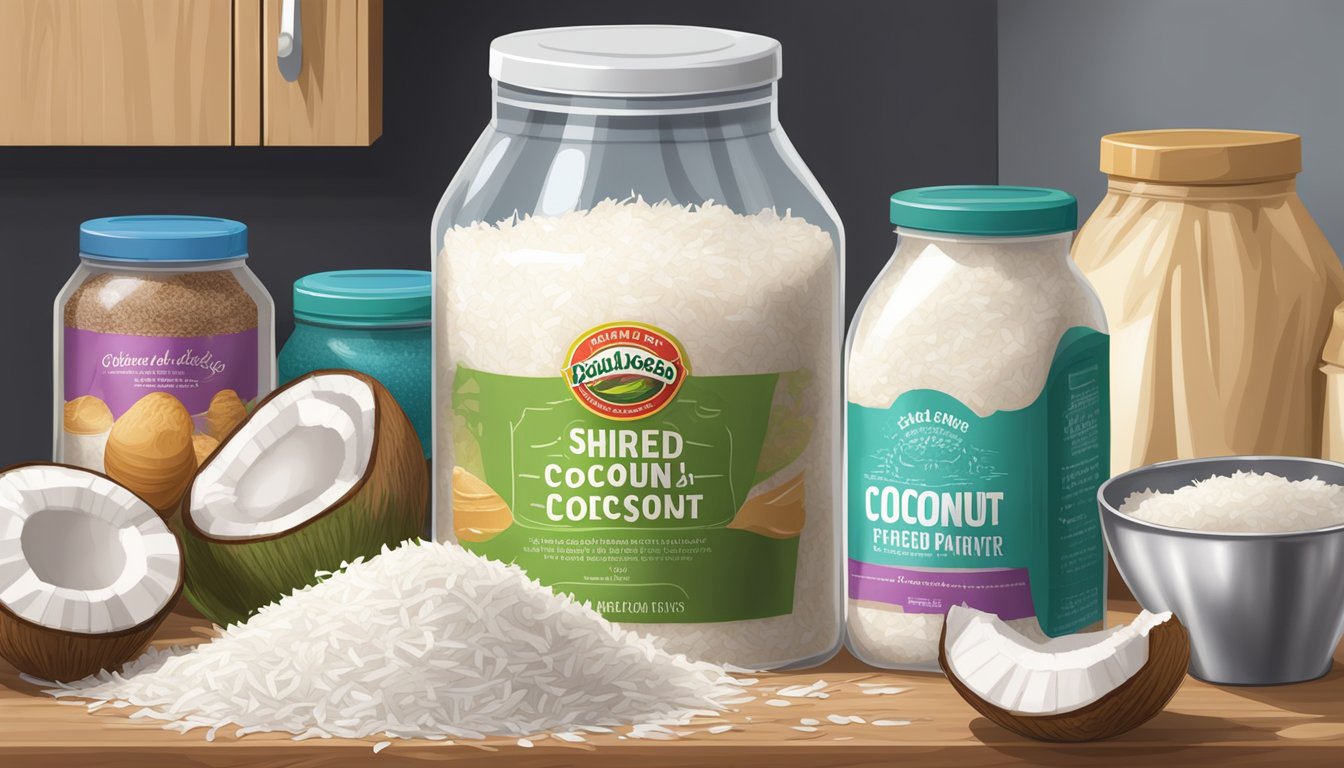 A sealed bag of shredded coconut stored in a cool, dry pantry alongside other baking ingredients