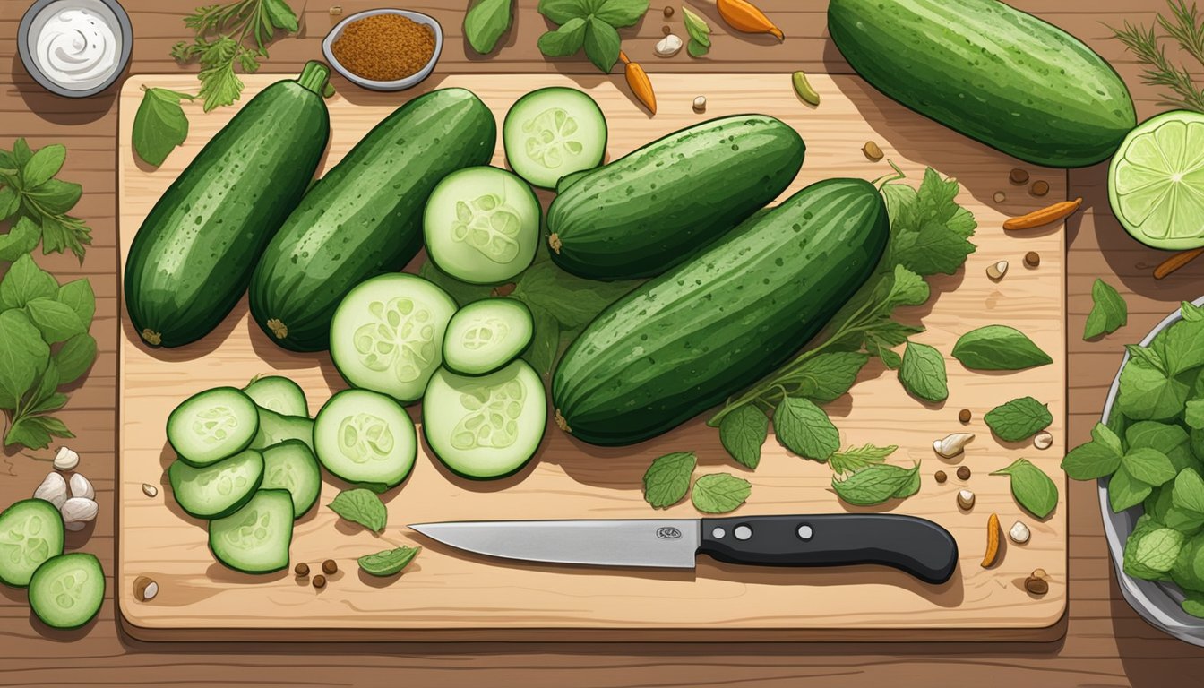 Fresh cucumbers arranged on a cutting board, surrounded by various herbs and spices. A chef's knife is poised to slice through one of the cucumbers