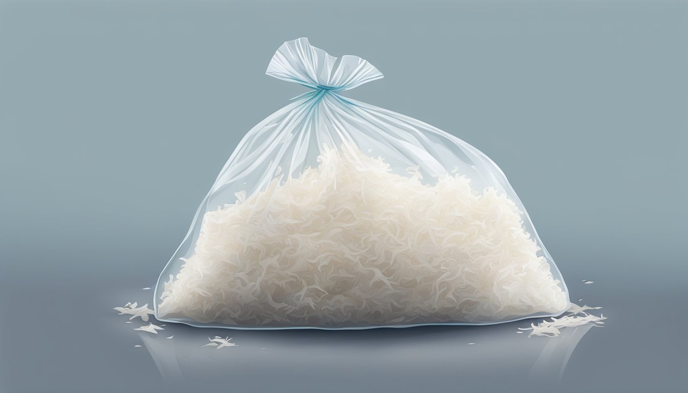 A clear plastic bag of shredded coconut with visible mold and a foul odor