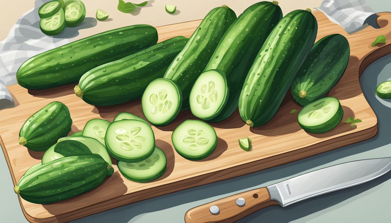 A pile of cucumbers, some showing signs of spoilage, sit on a kitchen counter next to a cutting board and a knife