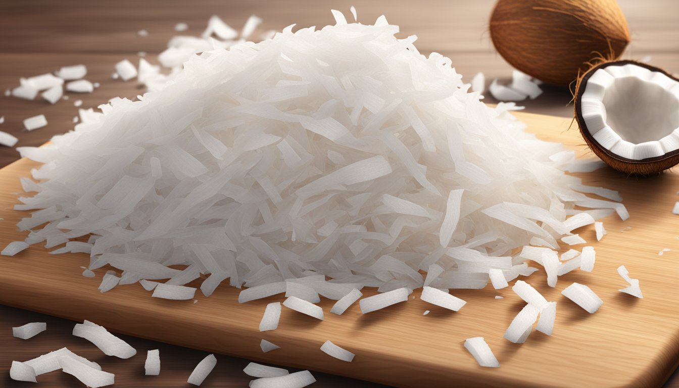 A clear plastic bag of shredded coconut spilling out onto a wooden cutting board, with a few loose pieces scattered around