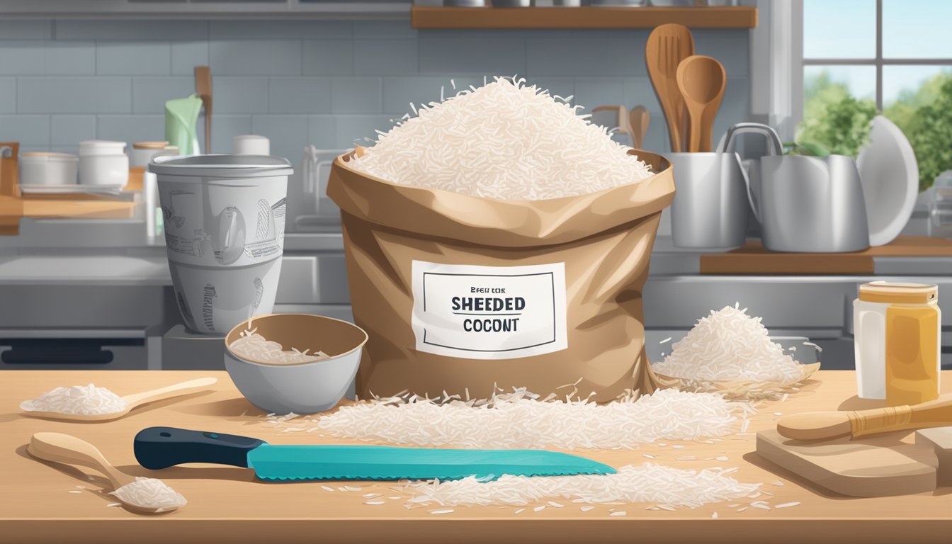 A bag of shredded coconut with a best before date label, surrounded by various kitchen utensils and a clean, organized workspace