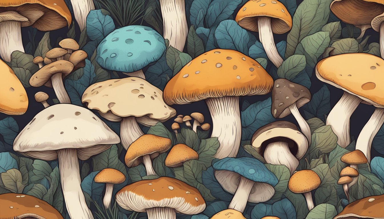 A pile of mushrooms with varying colors and textures, some showing signs of decay, surrounded by a faint earthy aroma