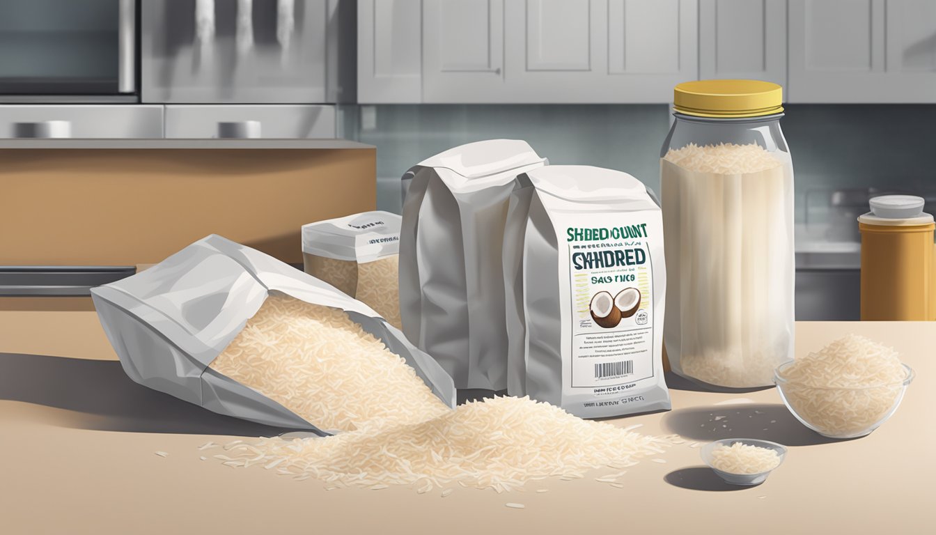 A bag of shredded coconut sits on a kitchen counter, surrounded by various expiration dates and storage tips