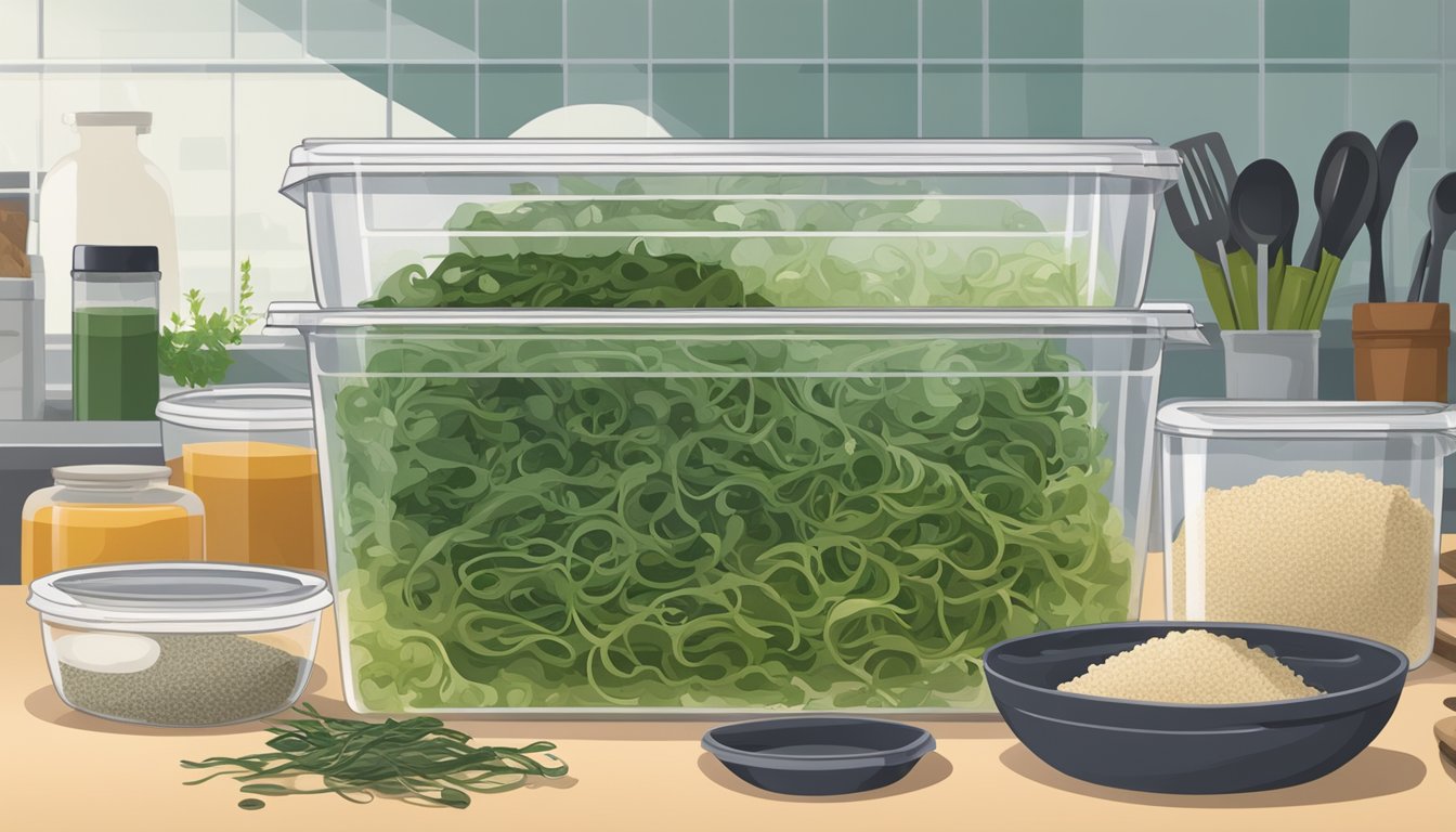 Arame seaweed sits in a clear, airtight container on a kitchen counter, surrounded by other dry ingredients and a few cooking utensils