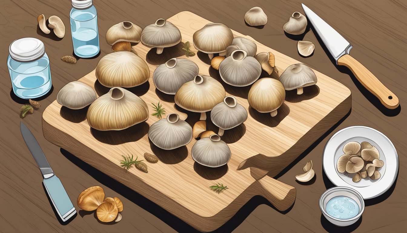 Fresh mushrooms arranged on a clean cutting board with a knife and a bowl of water nearby