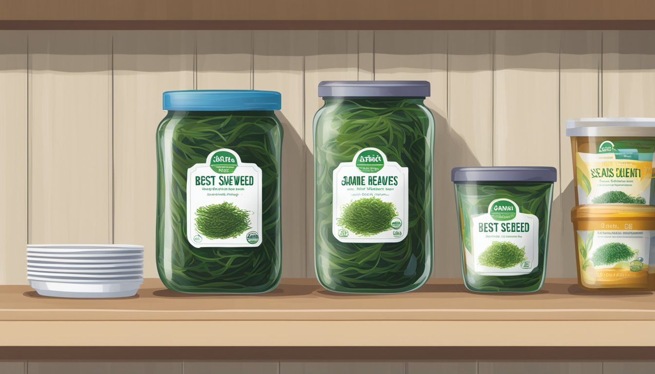 Arame seaweed in a sealed container on a pantry shelf, with a "best by" date visible