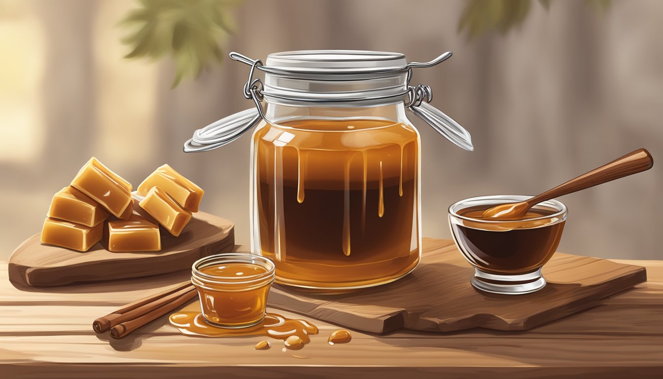 A glass jar of caramel sauce sits on a rustic wooden table, surrounded by scattered vanilla beans and a drizzle of honey