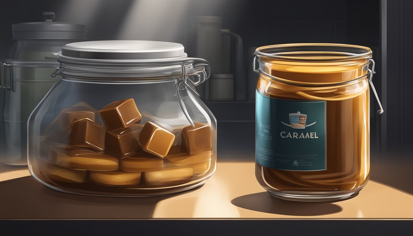 A glass jar of caramel sits on a shelf in a cool, dark pantry, away from direct sunlight and heat sources. The lid is tightly sealed to prevent air exposure