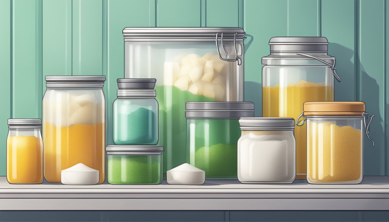 A sealed container of agar agar powder sits on a clean, organized shelf next to other cooking essentials