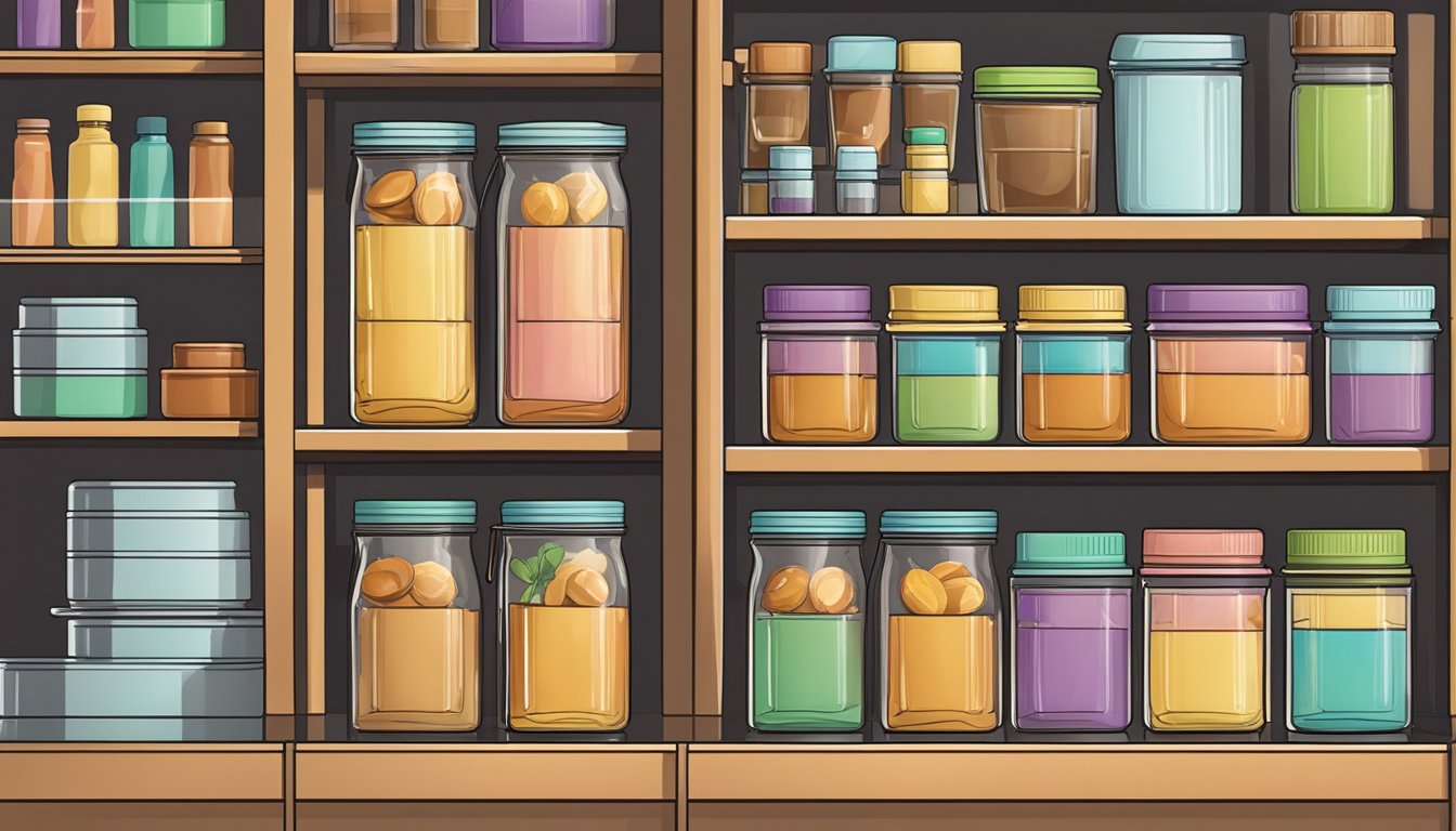 A jar of caramel sits on a shelf next to a stack of neatly organized containers. A label with a crossed-out symbol of a fridge is visible