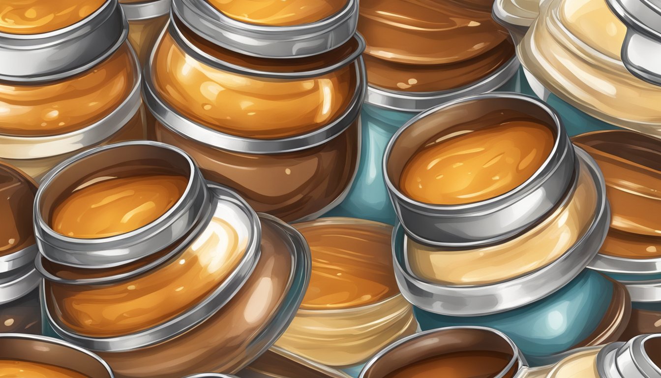 A close-up of a caramel sauce container with a spoiled, discolored, and separated texture