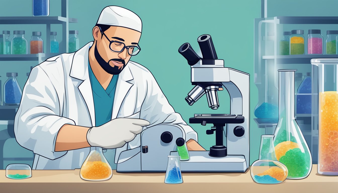 A laboratory technician examines agar agar under a microscope for signs of degradation