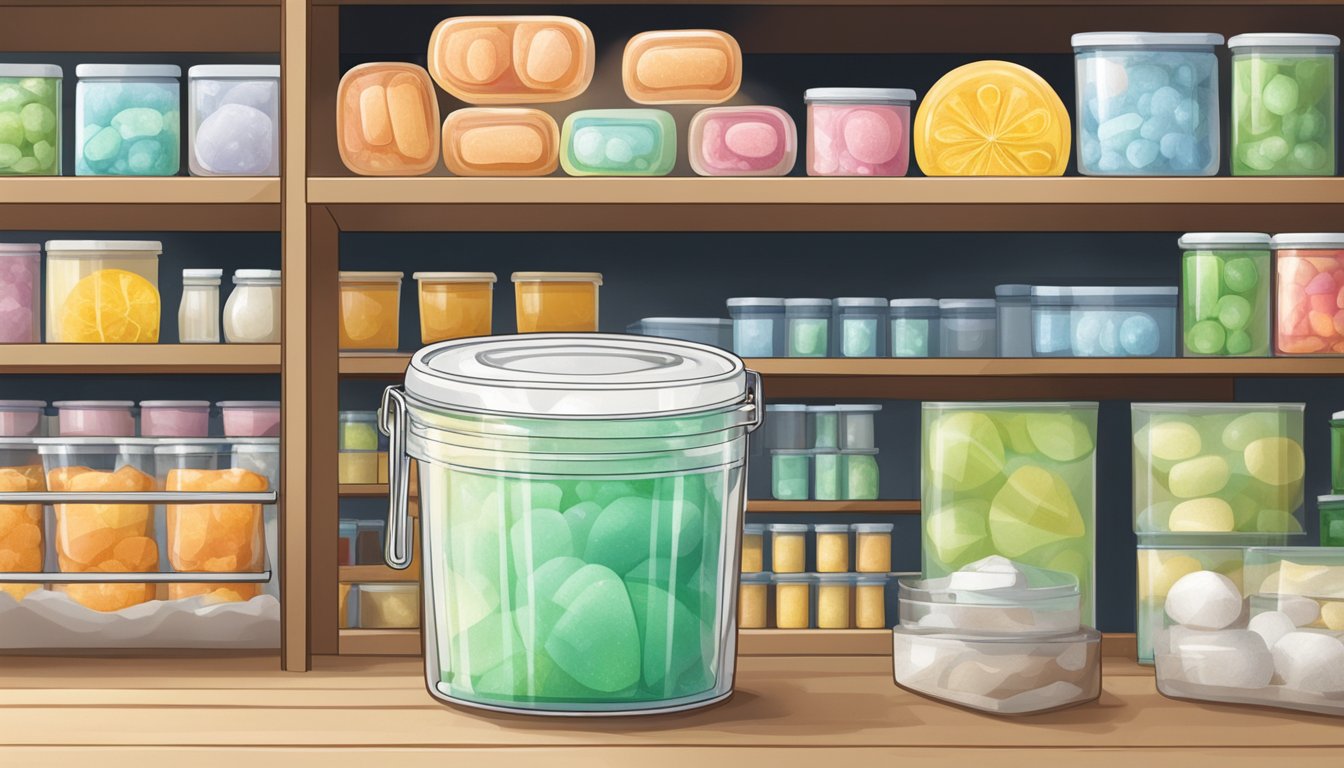 A sealed packet of agar agar sits on a shelf, surrounded by other pantry items