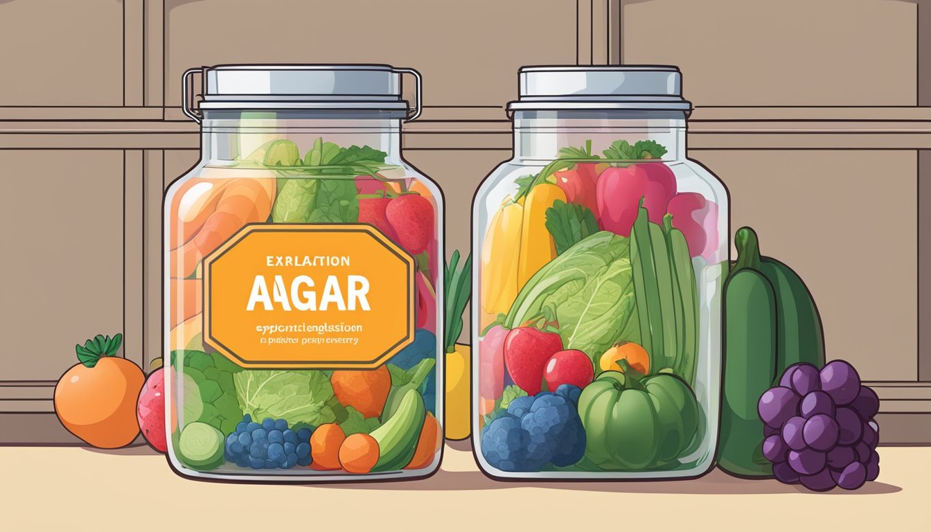 A jar of agar agar sits on a pantry shelf, surrounded by colorful fruits and vegetables. The label indicates its expiration date