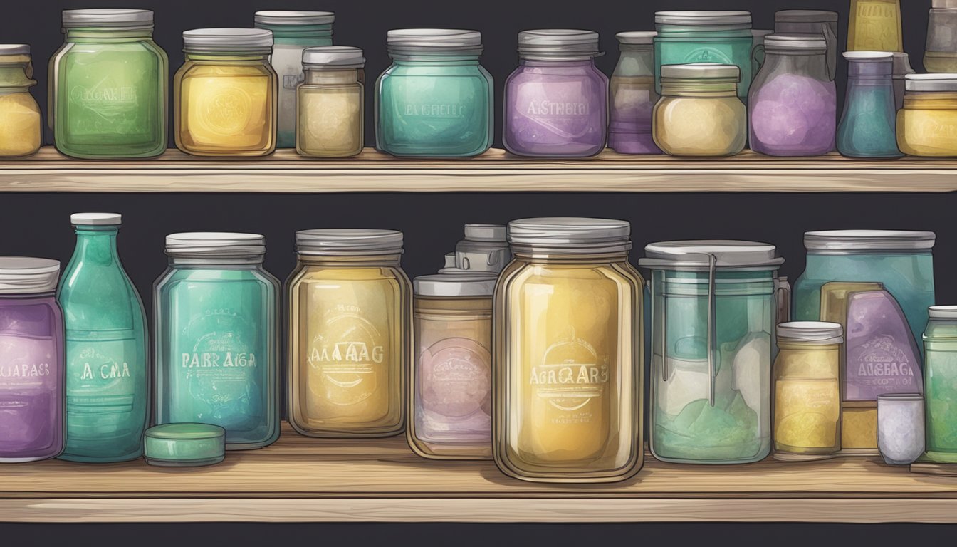 A jar of agar agar sits on a shelf, surrounded by various kitchen supplies. Its label is faded, suggesting it has been there for some time