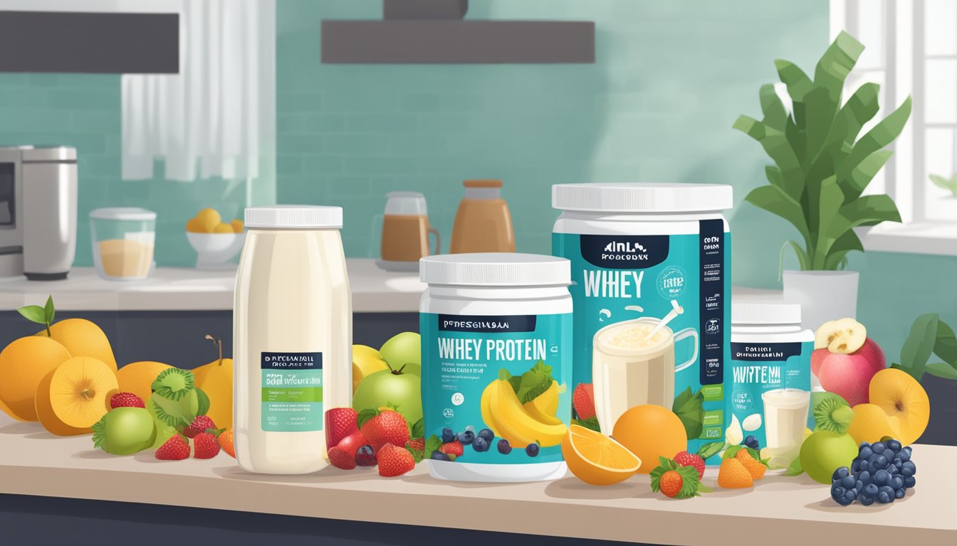 A container of whey protein powder sits on a kitchen counter, surrounded by various fruits and a blender. The expiration date is visible on the packaging