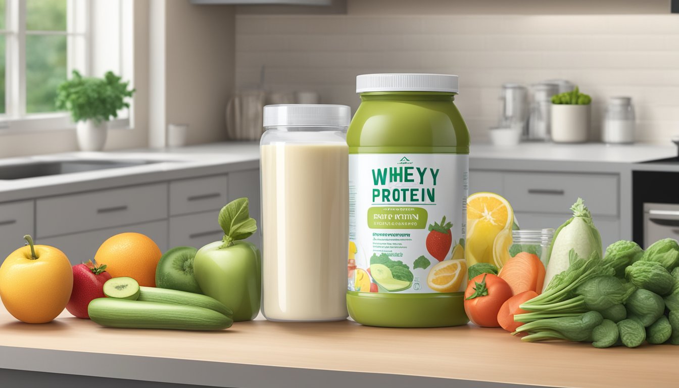 A clear plastic container of whey protein sits on a kitchen counter, surrounded by various fresh fruits and vegetables. The lid is slightly ajar, and a faint odor of spoilage is evident