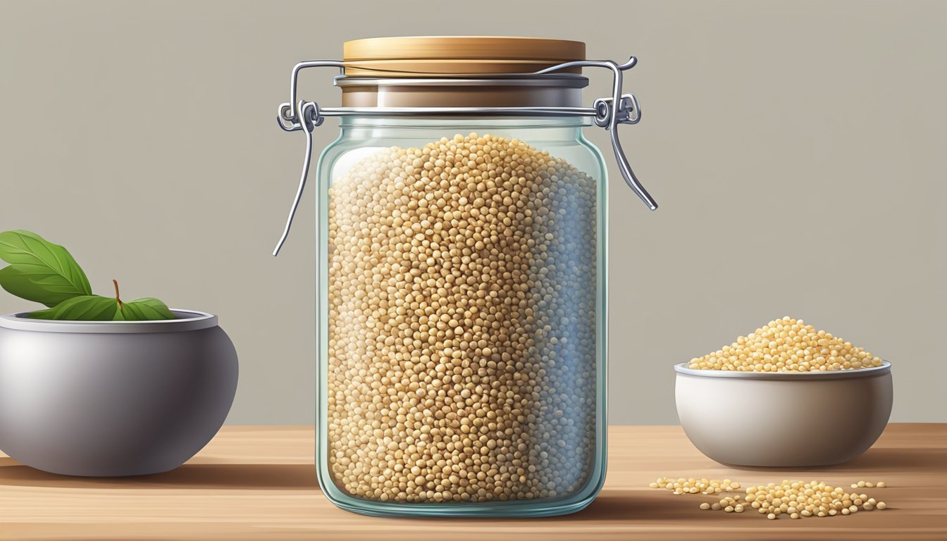 A glass jar filled with fresh sesame seeds, sealed tightly with a lid to preserve their freshness