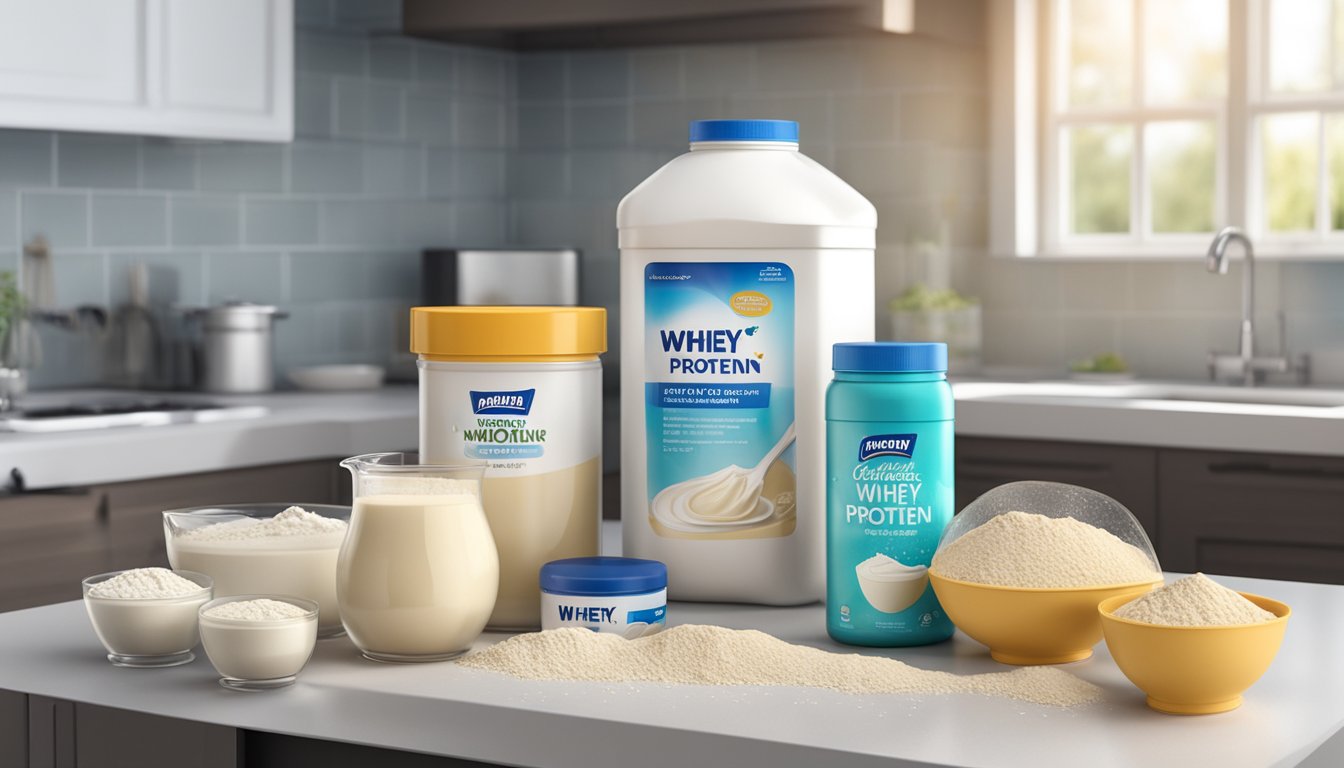 A container of whey protein powder sits on a kitchen counter, surrounded by expired dairy products and moldy food