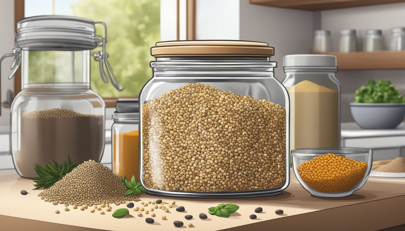 A jar of sesame seeds sits on a kitchen counter, surrounded by various spices and herbs. The lid is open, and a few seeds have spilled onto the counter